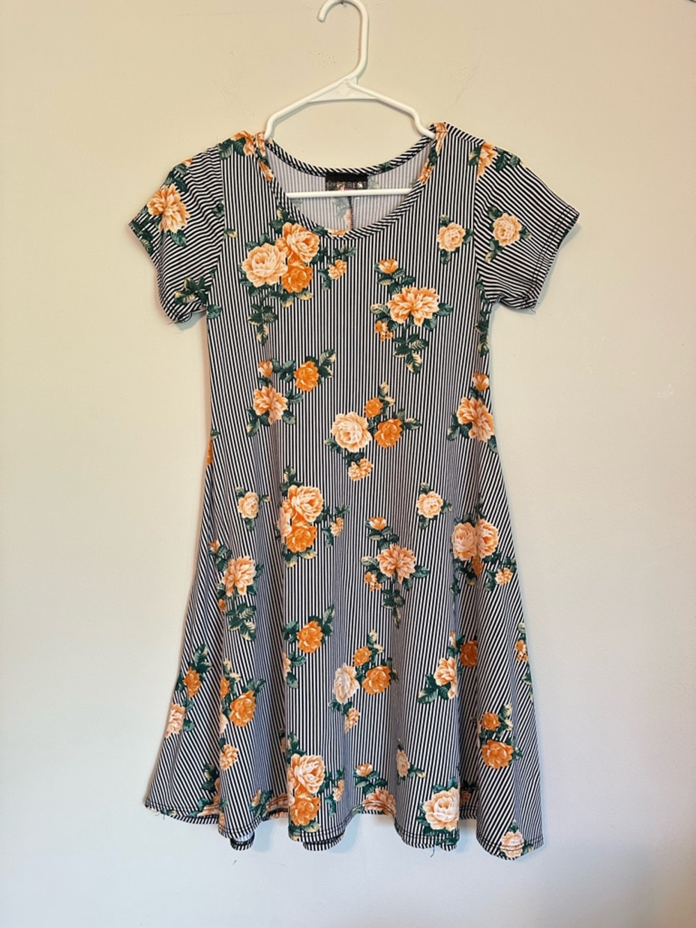 Discreet Black & White Striped Dress with Orange Floral Print